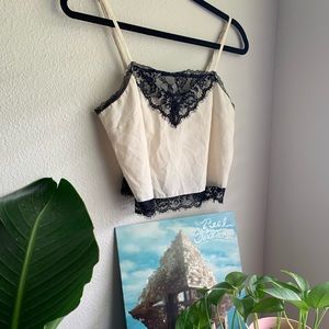 Cream Slip Crop Top with Black Lace Trim